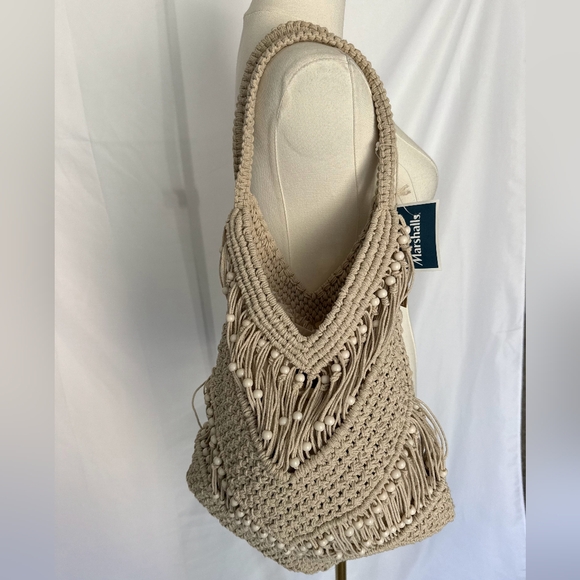 Handbags - Boho Beaded Woven Shoulder Purse Beige